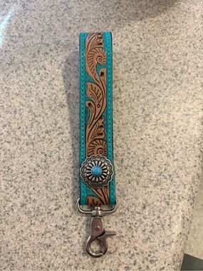 Tooled Leather Wristlet Keychain with Turquoise Accent